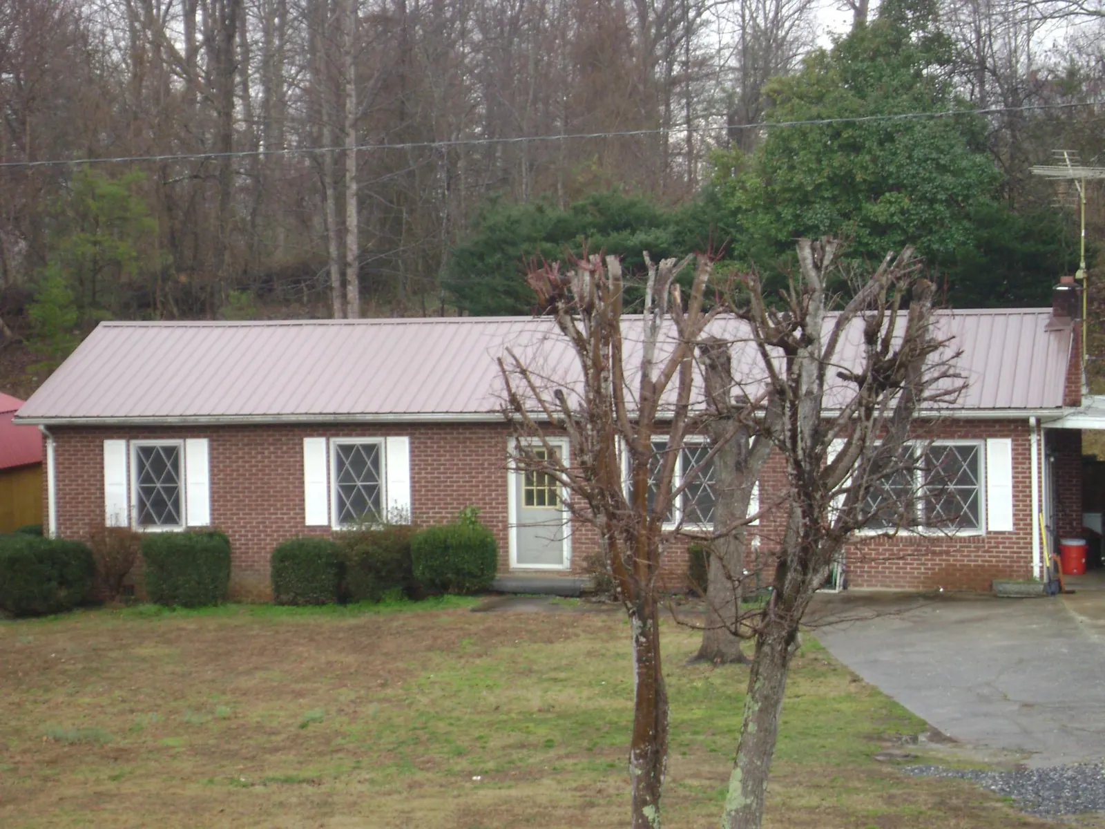 Mauve metal roof on a brick ranch home behind bare trees in Blanchard